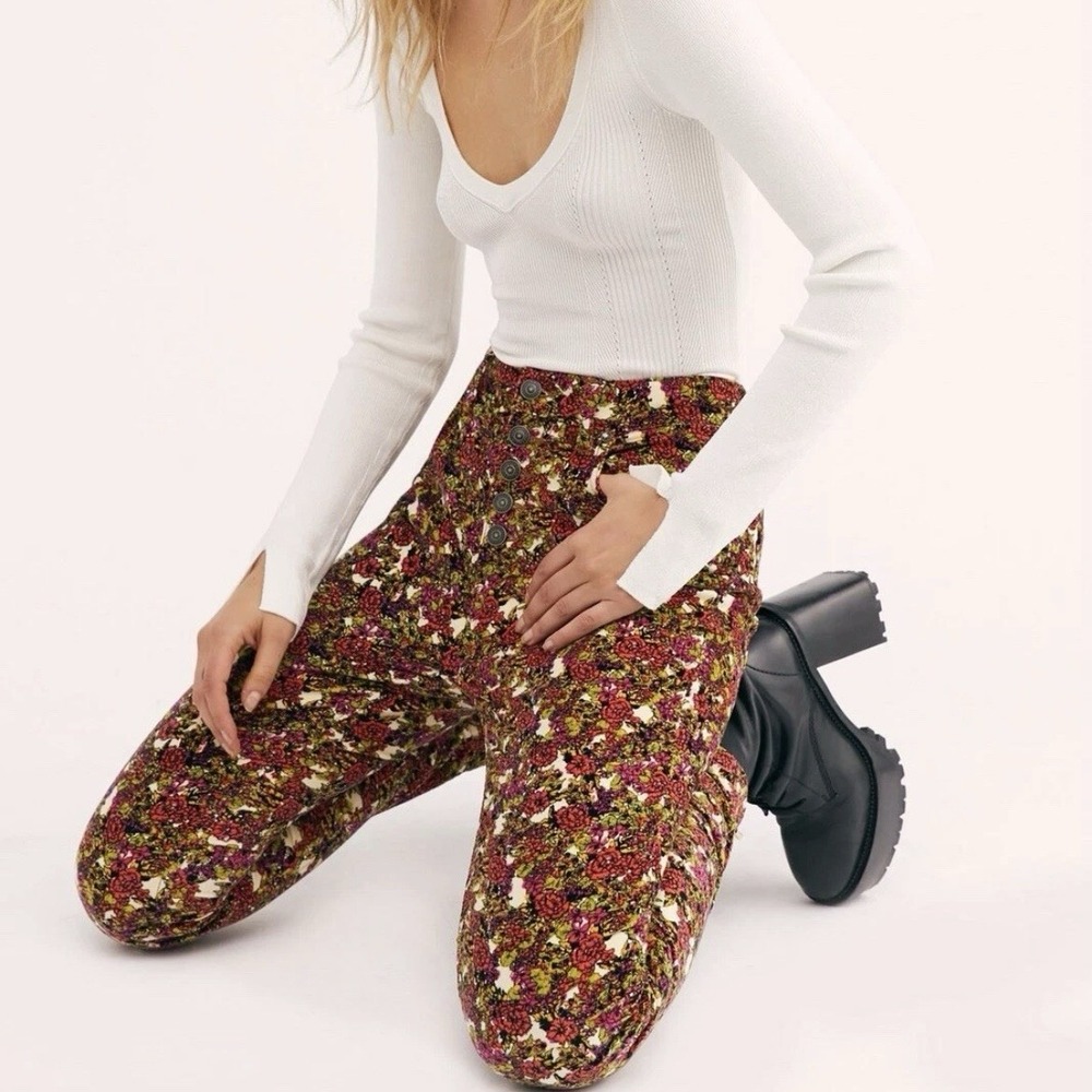 Free People We The Free Women Size 28 Sun Chaser Floral High Rise Corduroy Pants